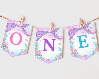 Mermaid High Chair Banner Girl 1st Birthday Party Decor Under The Sea Garland Princess Magical Purple Teal Gold Mermaid Tail Printable BT48V