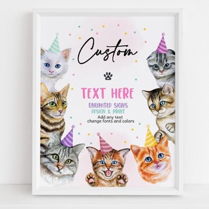 Letrero personalizado de cumpleaños de gato, decoración para el primer cumpleaños de niña, gatito rosa, fiesta de animales, póster, letrero de mesa, editable, BT80P