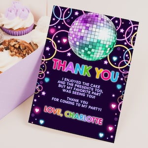 Tanzparty Geburtstags-Dankeschön-Karte Teenager Mädchen Geburtstag Thank You Note Neon Glow Regenbogen Disco Ball Retro Musik 90er 80er Jahre Printable BT74V