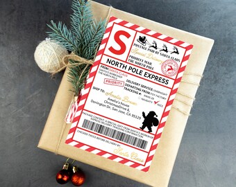 Etiqueta de envío de Papá Noel, pegatinas de entrega exprés al Polo Norte, etiquetas para regalos de Navidad, taller de Papá Noel, franqueo de correo de elfos para niños (EDITABLE HL66R)