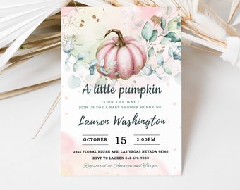 Pumpkin Baby Shower Invitation Fall Autumn Little Pumpkin is on the way Blush Pink Girl Birthday Invite EDITABLE Template BBS001
