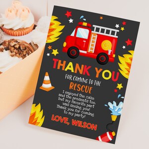 Biglietto di ringraziamento per camion dei pompieri, bomboniere per la prima festa di compleanno del bambino, biglietto di ringraziamento per pompiere, camion dei pompieri, dipartimento dei vigili del fuoco, stampabile, BT02K