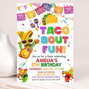 Taco Bout leuke verjaardagsuitnodiging jongen meisje eerste Fiesta uitnodigen Spaanse Mexicaanse cactus sombrero gitaar Maracas Cinco De Mayo BEWERKBARE BT64W