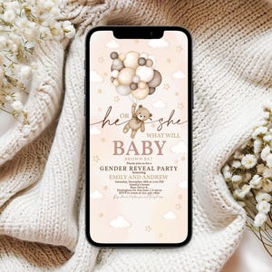Invito per rivelazione del sesso dell'orsacchiotto di peluche, maschio o femmina, lui o lei, invito digitale, palloncino beige boho, telefono cellulare, invito elettronico di testo, MODIFICABILE BS21E