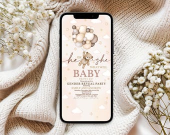 Teddy Bear Gender Reveal Evite Boy or Girl He She Digital Invitation Boho Beige Balloon Mobile Phone Electronic Text Invite EDITABLE BS21E