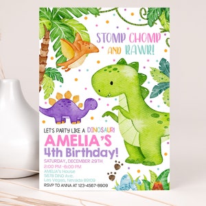 Dinosaur Birthday Invitation Cute Dino Birthday Party Invite T-Rex Jungle Animals Wild Stomp Chomp Roar Jurassic Prehistoric EDITABLE BT16B