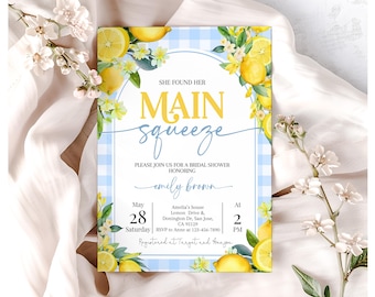 Invitación para despedida de soltera con diseño de limón azul. Ella encontró a su pareja ideal. Invitación de limonada. Diseño floral cítrico. Amarillo veraniego a cuadros. EDITABLE BR13B