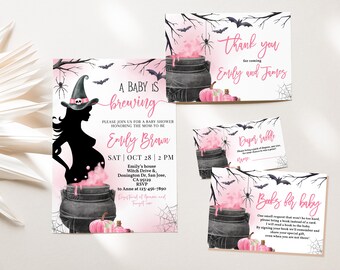 May include: A set of baby shower invitations and cards with a Halloween theme. The main invitation features a pregnant witch silhouette, a cauldron, and the text "A Baby is Brewing". Other cards include "Thank you", "Diaper raffle", and "Books for baby".