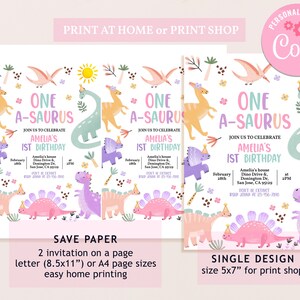 May include: Two printable invitations for a first birthday party with a dinosaur theme. The invitations feature a pink, purple, and green dinosaur with a crown and the text "One A-saurus Amelia's 1st Birthday".