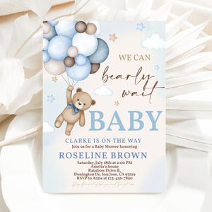 Invito per baby shower con orsetto di peluche "We Can Bearly Wait" Invito per baby shower con mongolfiere blu, erba della pampa boho, boho MODIFICABILE BS21B
