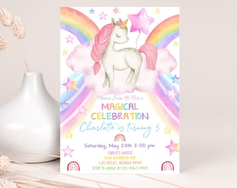 Unicorn Birthday Invitation Magical Pastel Rainbow Girl 1st Birthday Party Invite Whimsical Pink Purple Watercolor Crayon EDITABLE AT30P
