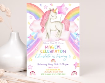 Invitación de unicornio fiesta de cumpleaños invitar arco iris pastel día mágico niña rosa caballo pegaso uno en millón plantilla digital EDITABLE BTD020