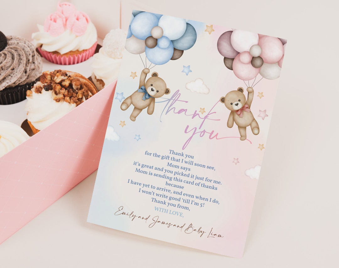 Teddy Bear Gender Reveal Party Thank You Card Boho Neutral Baby Shower ...