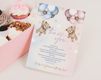 Teddy Bear Gender Reveal Party Thank You Card Boho Neutral Baby Shower Thank You Note He or She Boy or Girl Hot Air Balloons EDITABLE BS21M