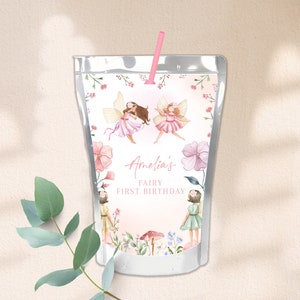 Fee Saft Beutel Etiketten Mädchen 1. Geburtstag Dekor Skurril Verzauberter Wald Magisch Blumen Garten Teeparty Getränke Etiketten Printable BT31P