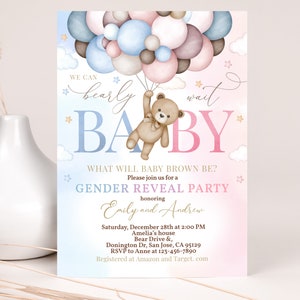 Teddybär Gender Reveal Einladung Wir können kaum warten Einladen Junge oder Mädchen Er oder Sie Blau Rosa Heißluftballons Pampas Grass EDITIERBARE BS21M