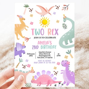 Pastel Dinosaur Birthday Invitation Girl 2nd Second Birthday Party Invite Cute Dino Jungle Animals Wild Two Stomp Chomp Roar EDITABLE BT98