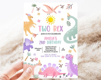 Pastel Dinosaur Birthday Invitation Girl 2nd Second Birthday Party Invite Cute Dino Jungle Animals Wild Two Stomp Chomp Roar EDITABLE BT98