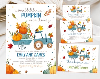 May include: A baby shower invitation with a watercolor illustration of a blue tractor carrying pumpkins. The invitation is for Emily and James and includes the date, time, and location of the shower. The text "a sweet little pumpkin is on the way" is written in blue and brown lettering.