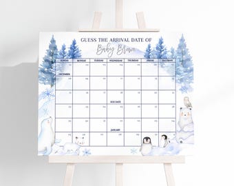 Op de afbeelding: Een printbaar babyshower-spel met een winterthema. Het spel is een kalender met de maand december en het begin van januari. De tekst op het spel zegt "Raad de aankomstdatum van Baby Brown".