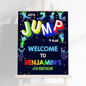 Cartello di benvenuto per la festa di compleanno Jump, poster, striscione con trampolino, Let&#39;s House Bounce, modello digitale modificabile BTD034