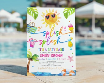 Splish Splash Baby Bash Girl Baby Shower Invitation Summer Baby Shower Invite Sun Beach Swim Pool Party Palm Tree Tropical EDITABLE AS48P