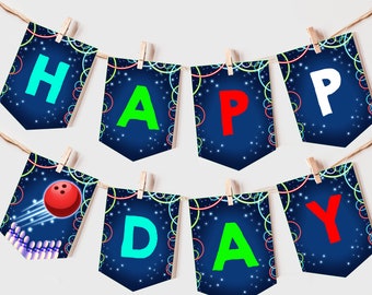 Bowling Birthday Birthday Banner Strike Up Some Fun Party Decor Neon Glow Bunting Flag Kids Boy Girl Sports Garland Printable BT25G