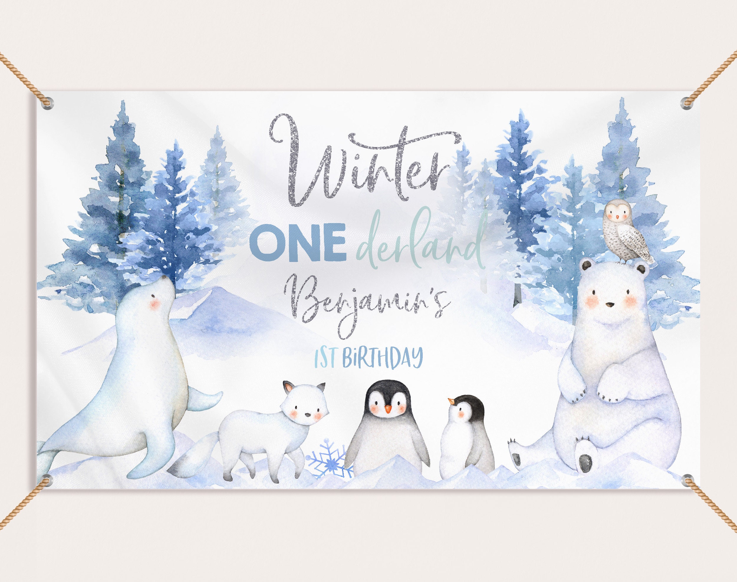Winter Onederland Backdrop Banner Wonderland Boy Girl 1st Birthday Party Decor Polar Bear Arctic Animals Woodland Photobooth