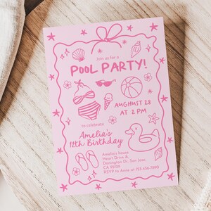 Pink Pool Party Invitation, Girls Summer Birthday Invite, Doodle Beach Design, Teen Girl Any Age, Coquette Hand Drawn Bow EDITABLE CT15P image 5