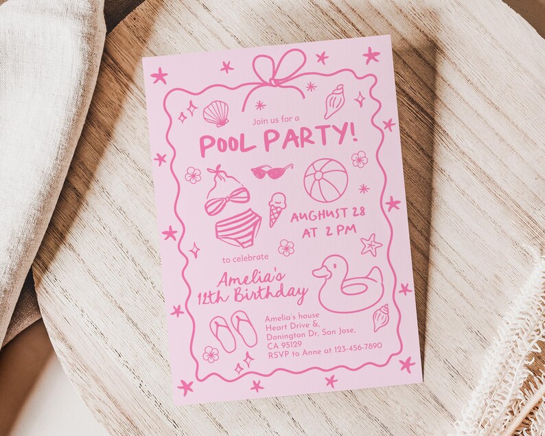 Pink Pool Party Invitation, Girls Summer Birthday Invite, Doodle Beach Design, Teen Girl Any Age, Coquette Hand Drawn Bow EDITABLE CT15P image 5