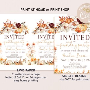 May include: Invitations for a first birthday party with floral and pumpkin accents. The design includes the text "You're Invited" and details like the date, time, and location. The invitations are available in two sizes.