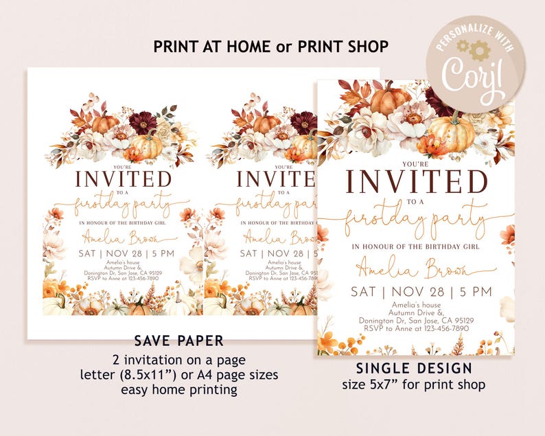 May include: Invitations for a first birthday party with floral and pumpkin accents. The design includes the text "You're Invited" and details like the date, time, and location. The invitations are available in two sizes.