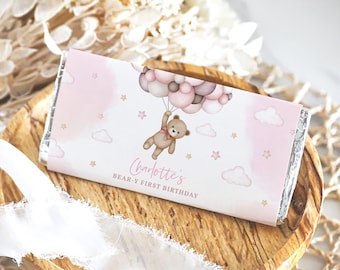 Teddy Bear Chocolate Wrapper Boy Girl 1st Birthday Party Favors Cute Pink Pampas Grass Candy Bar Label 1.55oz Boho Printable Template BT81P