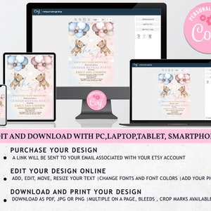 Teddy Bear Gender Reveal Invitation We Can Bearly Wait Invite Boy or Girl He or She Blue Pink Hot Air Balloons Pampas Grass EDITABLE BS21M image 10