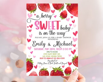 Strawberry Baby Shower Invitation, Berry Sweet Invite, Pink Red Hearts, Citrus Fruit, Girl Coquette Heart, EDITABLE Template BS16P