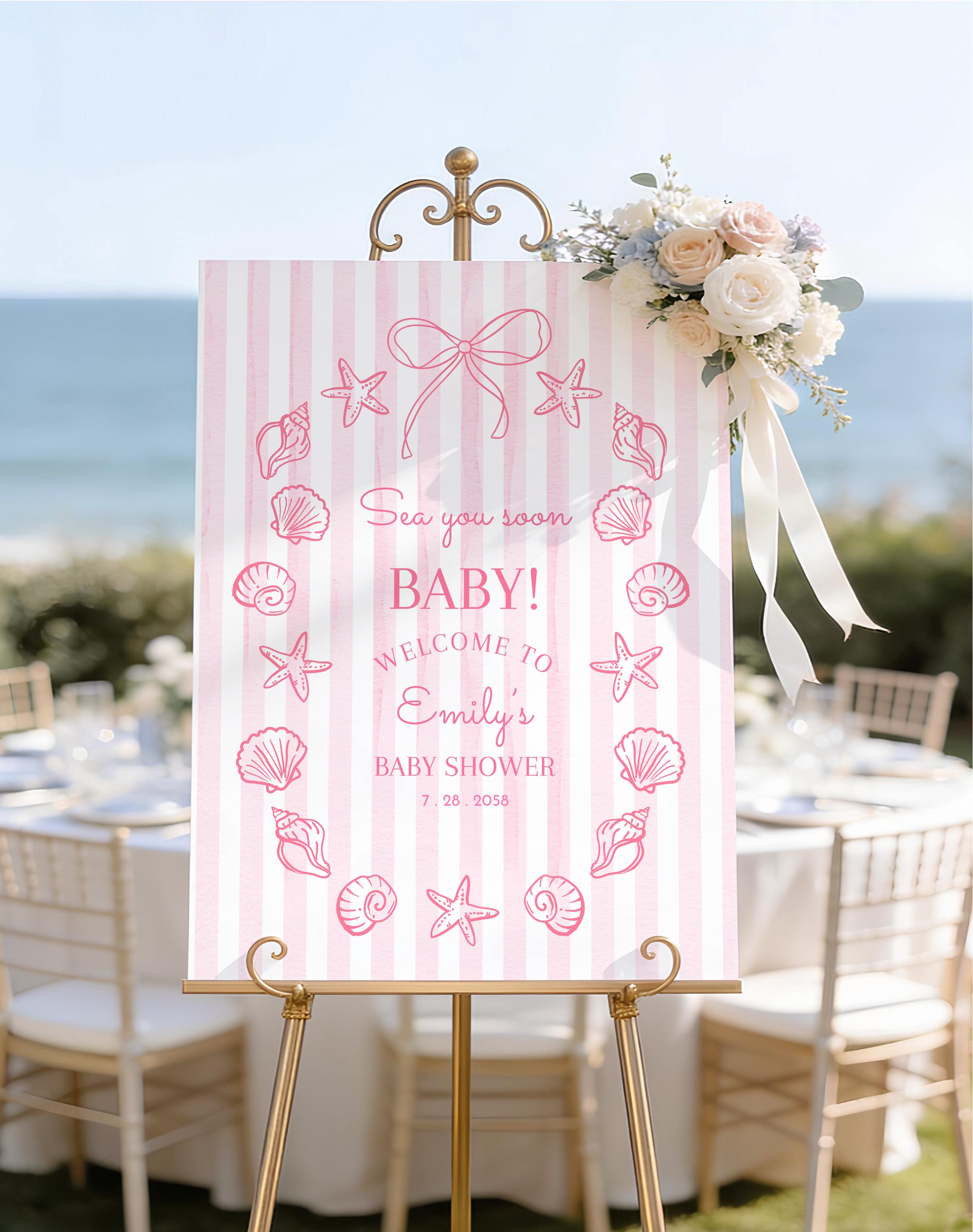 Sea You Soon Baby Shower Welcome Sign, Pink Seashells Coastal Party ...