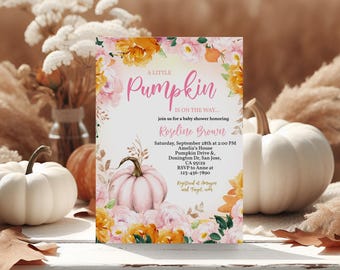 May include: A pink and white pumpkin with fall leaves and flowers. The text reads "A Little Pumpkin is on the way... Join us for a baby shower honoring Roseline Brown. Saturday, September 28th at 2:00 PM Amelia's House Pumpkin Drive & Donington Dr, San Jose, CA 95129 RSVP to Anne at 123-456-7890"