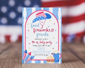 4th of July Invitation Independence Day Party Invite Patriotic Fourth of July Food Fireworks and Friends Backyard BBQ Beer EDITABLE IN01B
