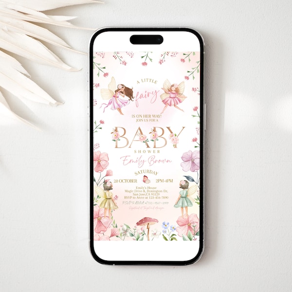 Fairy Baby Shower Evite Magical Floral Garden Party Digital Invitation Fairy Princess Mobile Phone Electronic Text Invite EDITABLE BS42P