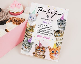 Kitty Cat Birthday Thank you Card Girl Kitten Thank You Note Meow Cat Adoption Party Decor Lets Pawty Animal Pet EDITABLE Template BT80