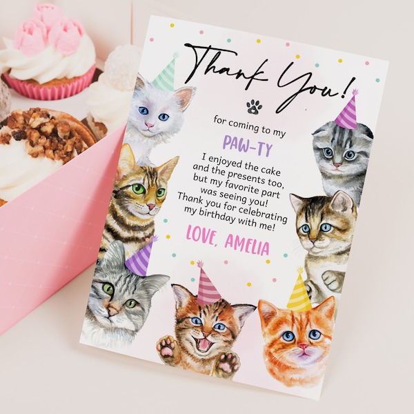 Kitty Cat Birthday Thank you Card Girl Kitten Thank You Note Meow Cat Adoption Party Decor Lets Pawty Animal Pet EDITABLE Template BT80