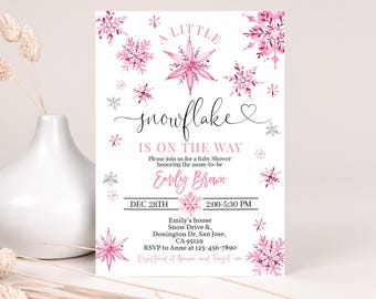 Inbjudan till babyshower med rosa snöflingor, inbjudan till en liten snöflinga, julfest för tjejer, redigerbar silversnöflinga BS74P