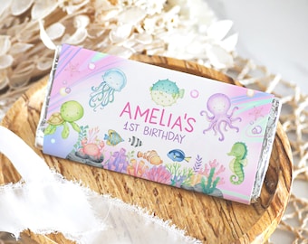 Under the Sea Chocolate Wrapper Girl 1st Birthday Party Decor Underwater Ocean Sea Life Animals Candy Bar Label 1.55oz Printable AT07P