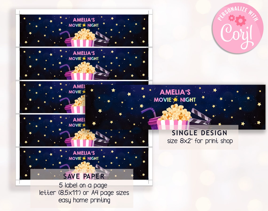 Movie Night Water Bottle Labels Movie Party Drink Label - Etsy