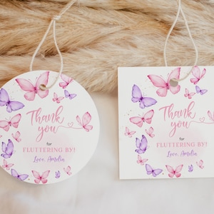 Etiquetas de lembrança de aniversário de borboletas, etiquetas de presente para chá de bebê de menina, rosa, roxo, borboletas, floral, primavera, festa de jardim, impressão de agradecimento BS36V BT93V