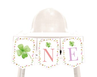 St Patricks Day High Chair Banner Boy Girl 1st Lucky One Birthday Party Decor Shamrock Rainbow Bunting Flag Green Gold Printable Prop BT95P