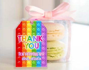 Pop It Favor Tags Birthday Party Gift Label Fidget Toy Push Bubble Thank you Card Rainbow Sticker Printable Instant Download Template BTD032