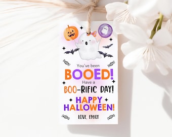 Etiqueta de regalo "Te han dado un susto", etiquetas de recuerdo de Halloween, fantasma rosa, calabaza espeluznante, murciélago, etiqueta de dulces para el aula, día espeluznante, imprimible HL44O