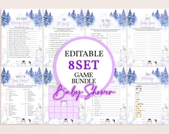 May include: Printable baby shower game bundle with a winter theme. The games include "Who Knows Mommy Best?", "Find the Guest", "What's in Your Purse?", "The Price is Right", "ABCs Baby Game", and "Emoji Pictionary". The games feature polar bears and penguins.