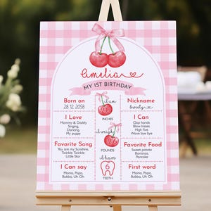 Cherry Geburtstagsmeilenstein Zeichen Cherry on Top Poster Coquette Girl 1st Birthday Party Decor Rot Rosa Schleife Kirschen Gingham EDITIERBAR AT34P